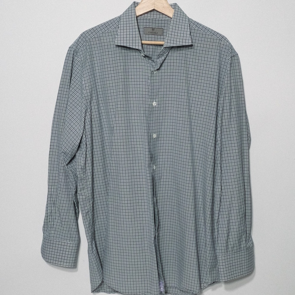 Canali Shirt Mens 44 x 17 1/2 Gray Plaid Button Down Made in Italy Long Sleeve